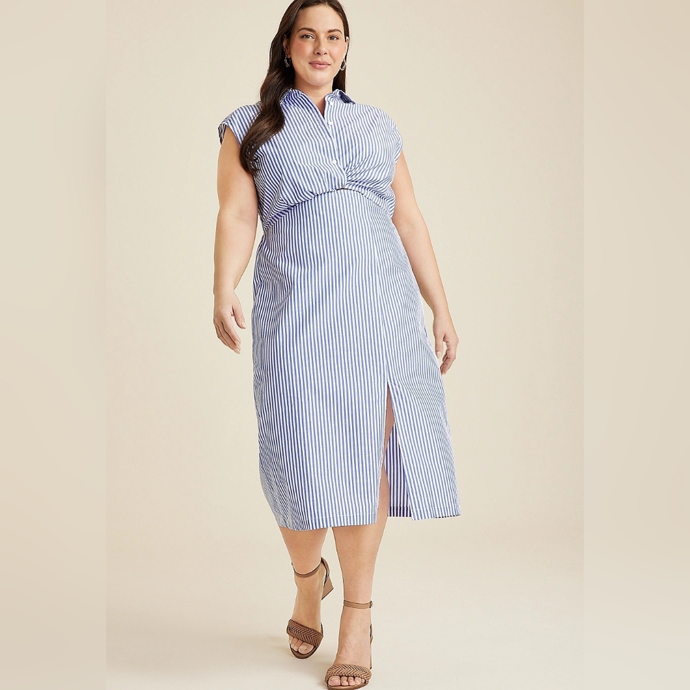 Maurices Blue and White Stripe Midi Shirt Dress 1x Nwt